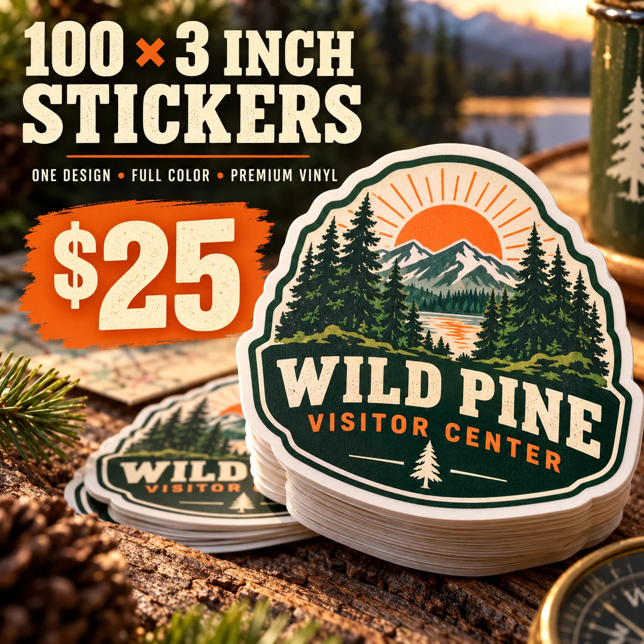 Wild Pine Visitor Center fictional example: 100 custom 3 inch stickers for $25