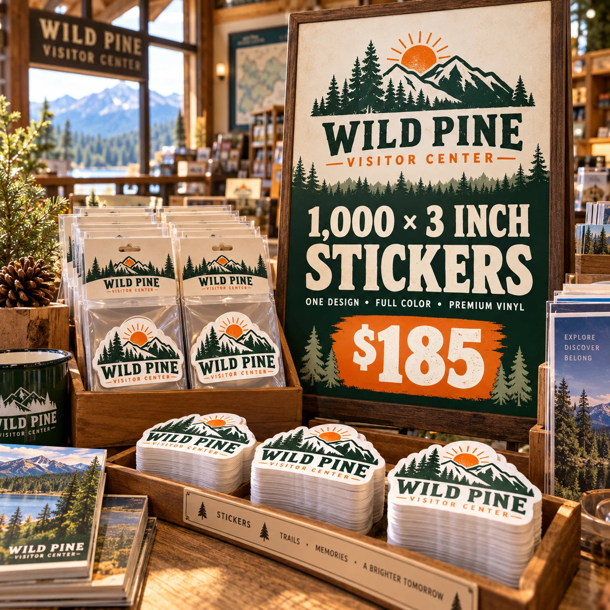 Wild Pine Visitor Center fictional example: 1000 custom 3 inch stickers for $185