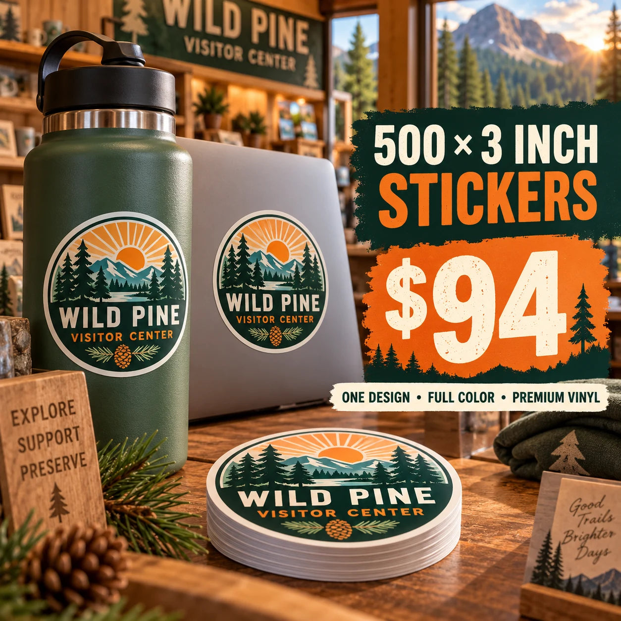 Wild Pine Visitor Center fictional example: 500 custom 3 inch stickers for $94