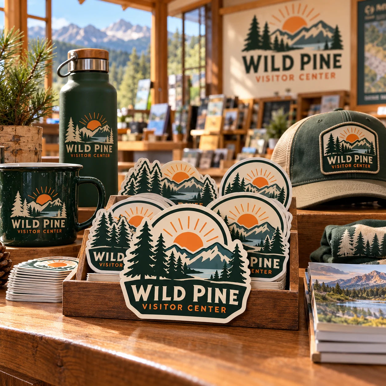 Wild Pine Visitor Center fictional example storefront with custom lettering and stickers