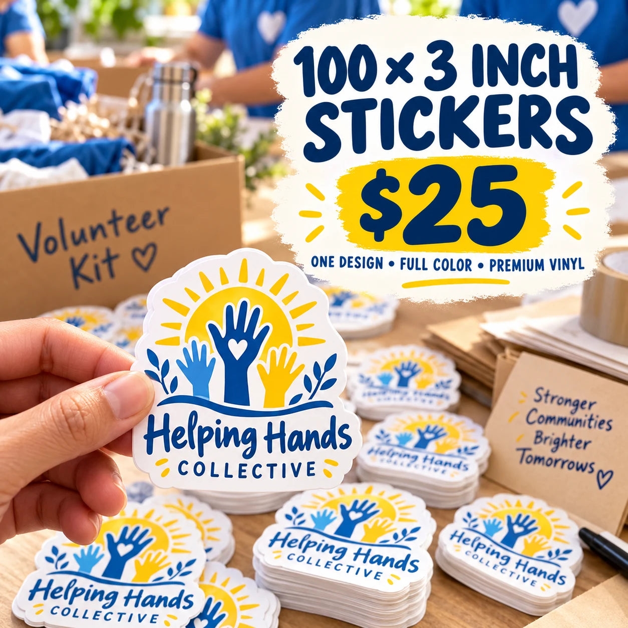 Helping Hands Collective fictional example: 100 custom 3 inch stickers for $25