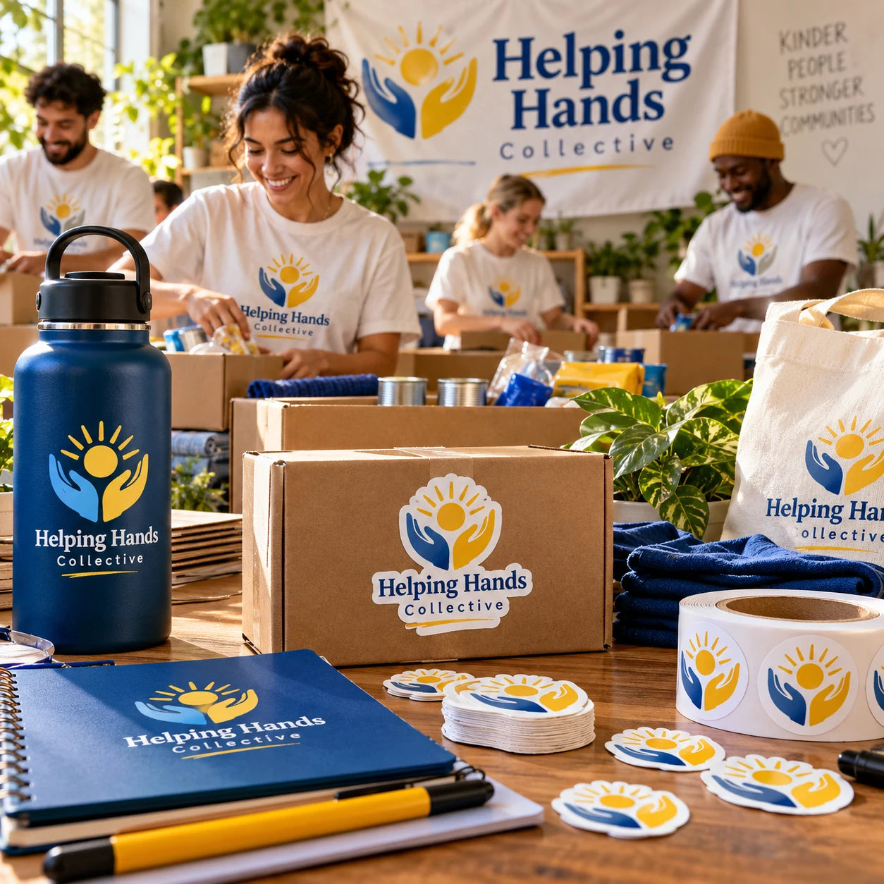 Helping Hands Collective fictional example storefront with custom lettering and stickers