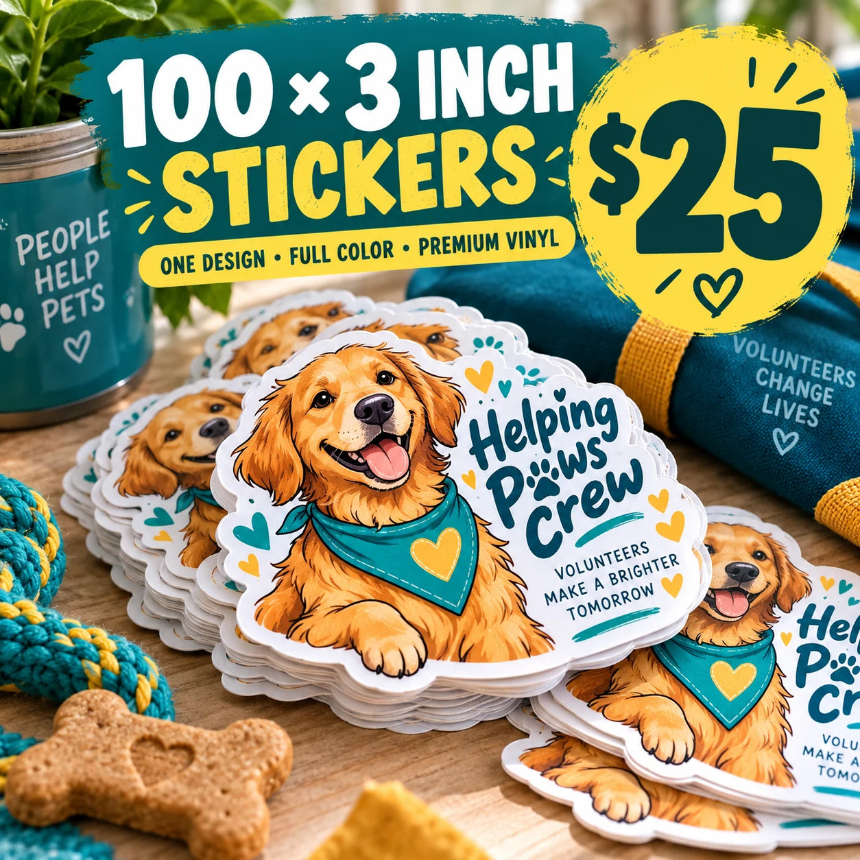 Helping Paws Crew fictional example: 100 custom 3 inch stickers for $25