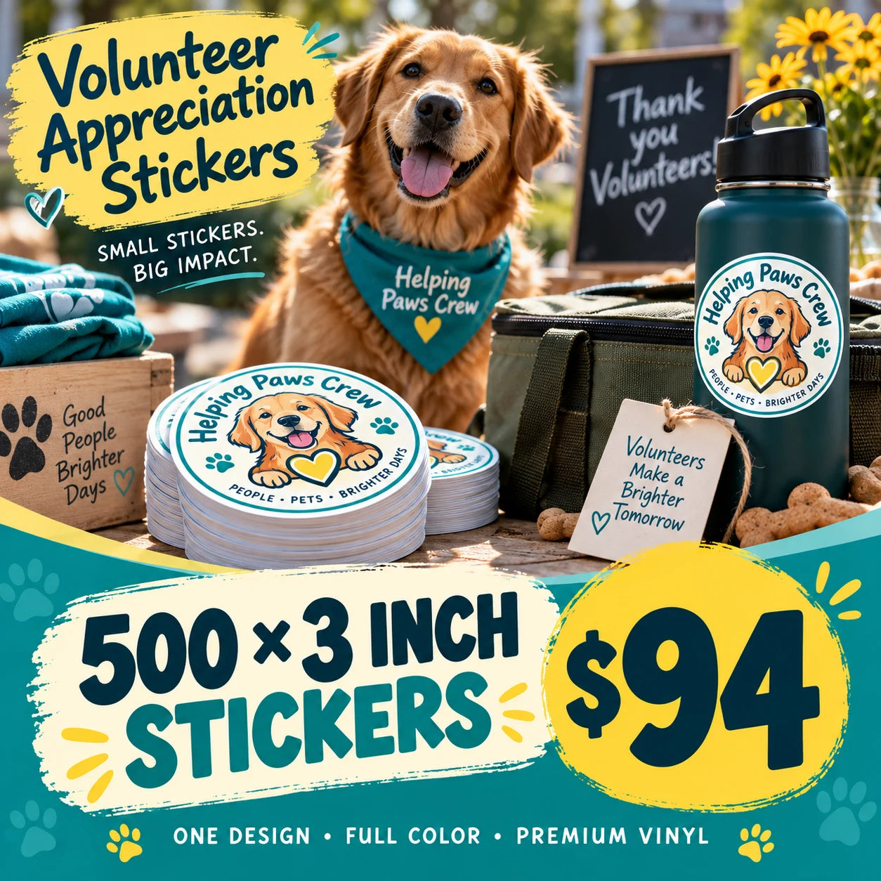Helping Paws Crew fictional example: 500 custom 3 inch stickers for $94