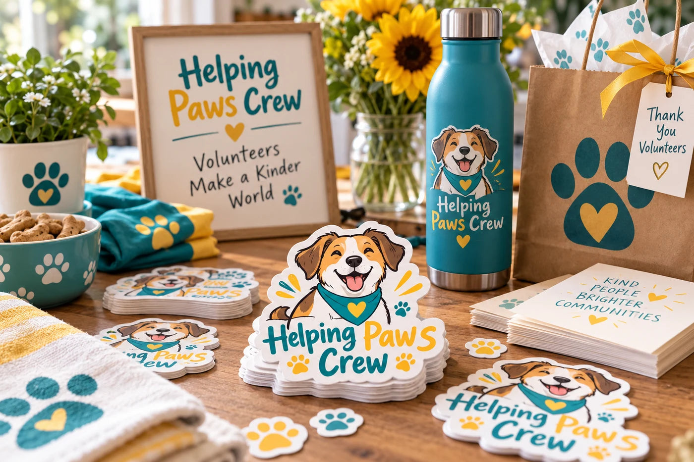 Helping Paws Crew fictional example storefront with custom lettering and stickers