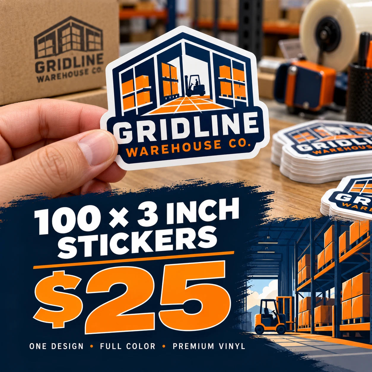Gridline Warehouse Co. fictional example: 100 custom 3 inch stickers for $25