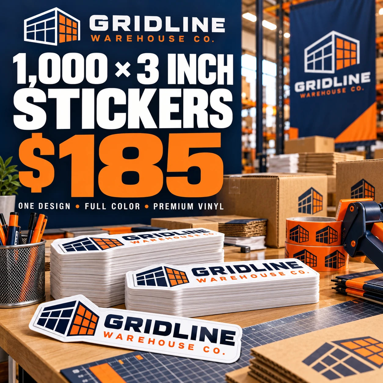 Gridline Warehouse Co. fictional packaging and sticker ideas