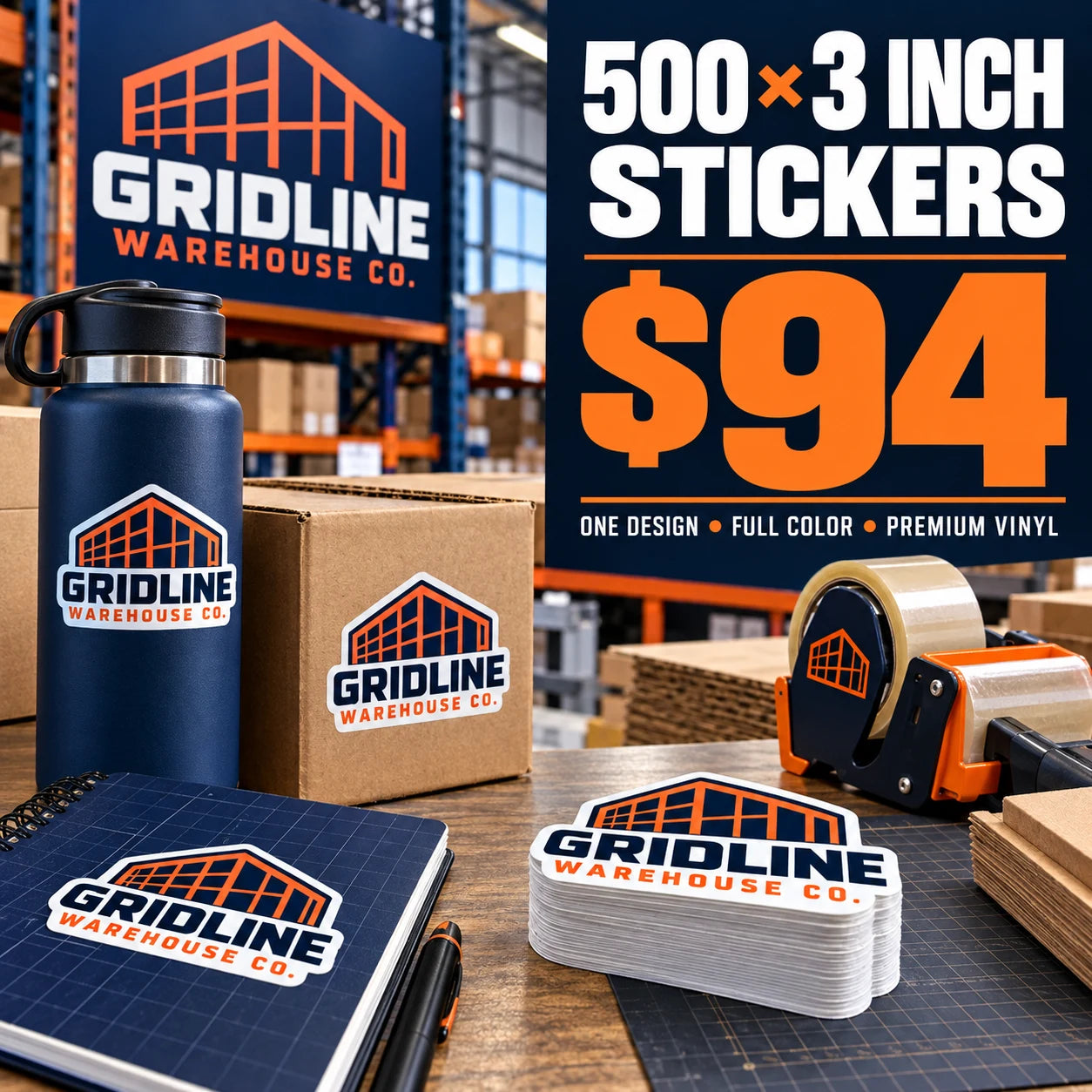 Gridline Warehouse Co. fictional example: 500 custom 3 inch stickers for $94