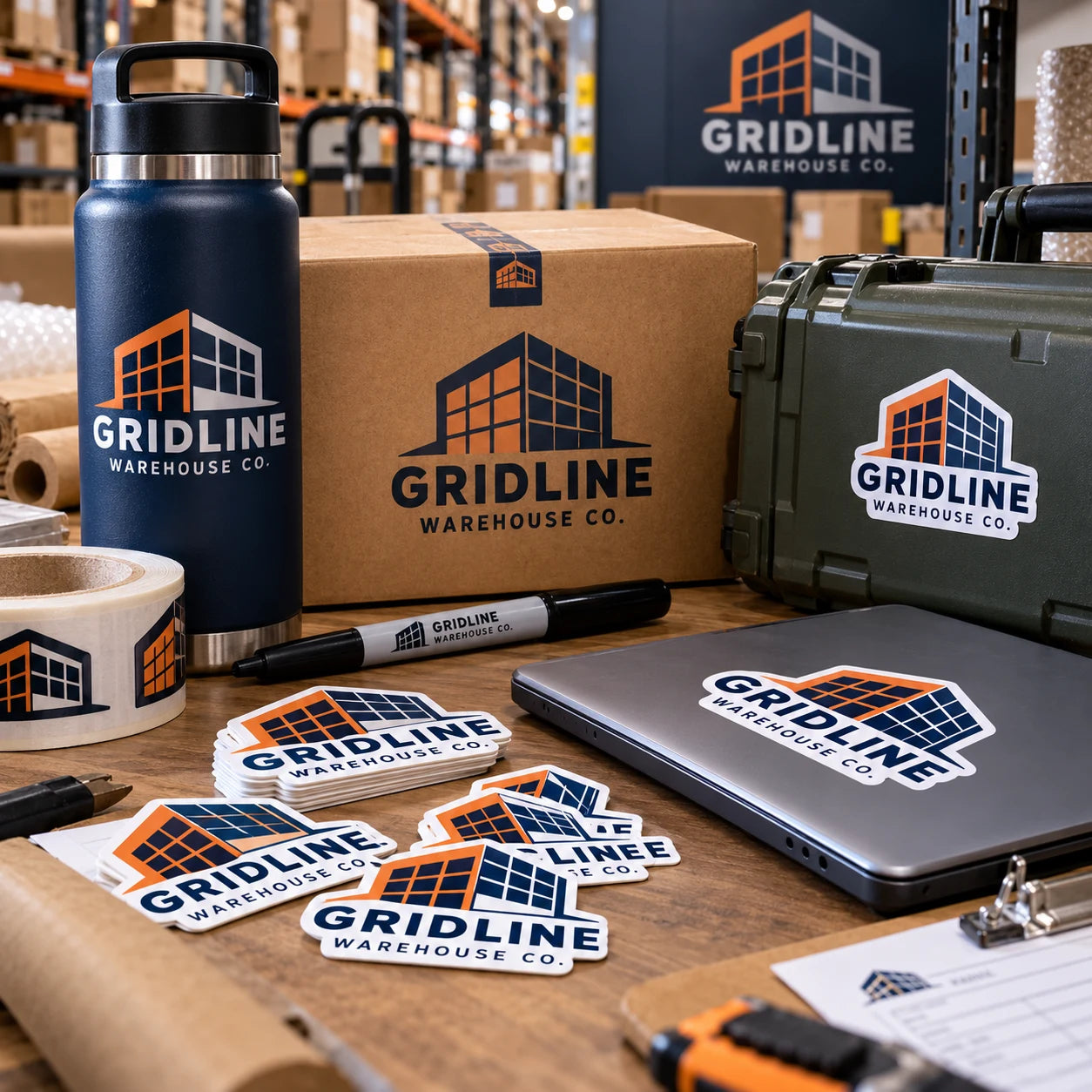 Gridline Warehouse Co. fictional example storefront with custom lettering and stickers