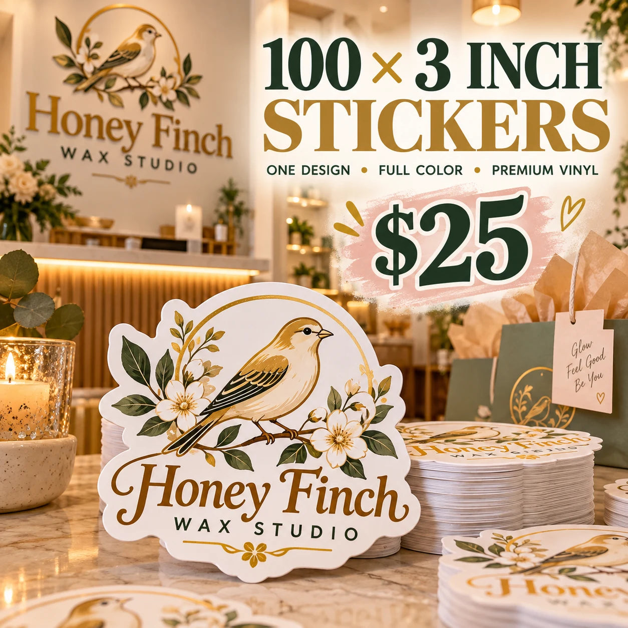 Honey Finch Wax Studio fictional example: 100 custom 3 inch stickers for $25