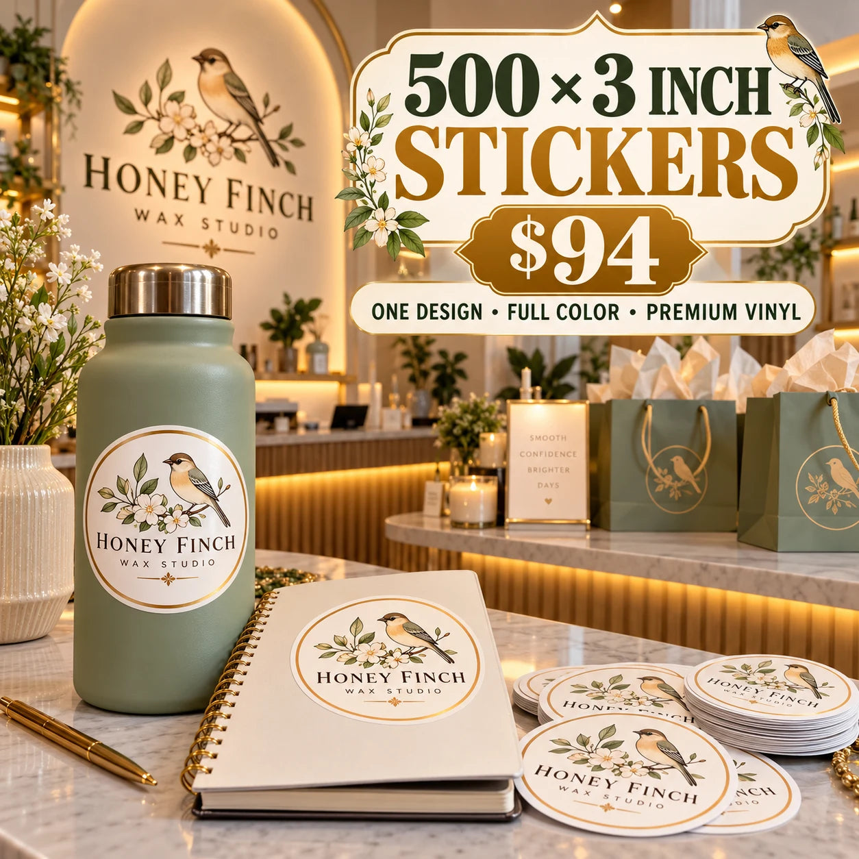 Honey Finch Wax Studio fictional example: 500 custom 3 inch stickers for $94
