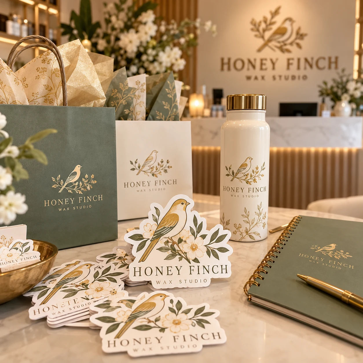 Honey Finch Wax Studio fictional example storefront with custom lettering and stickers