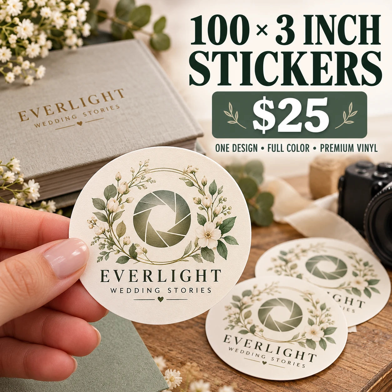 Everlight Wedding Stories fictional example: 100 custom 3 inch stickers for $25