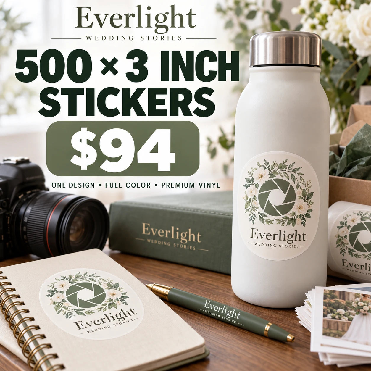Everlight Wedding Stories fictional example: 500 custom 3 inch stickers for $94
