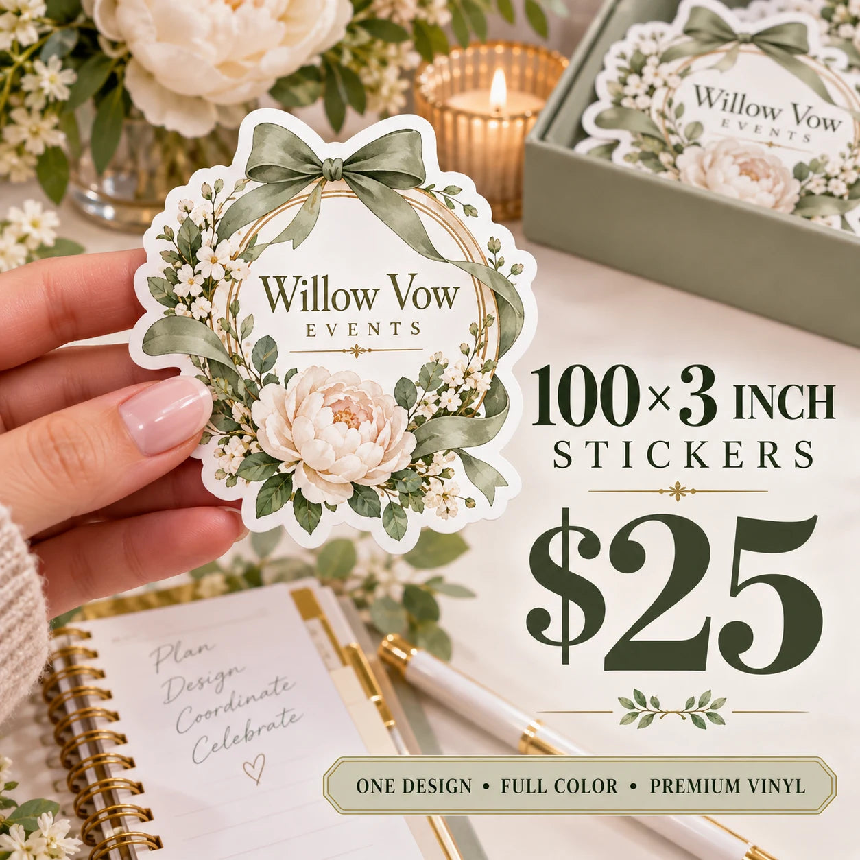 Willow Vow Events fictional example: 100 custom 3 inch stickers for $25