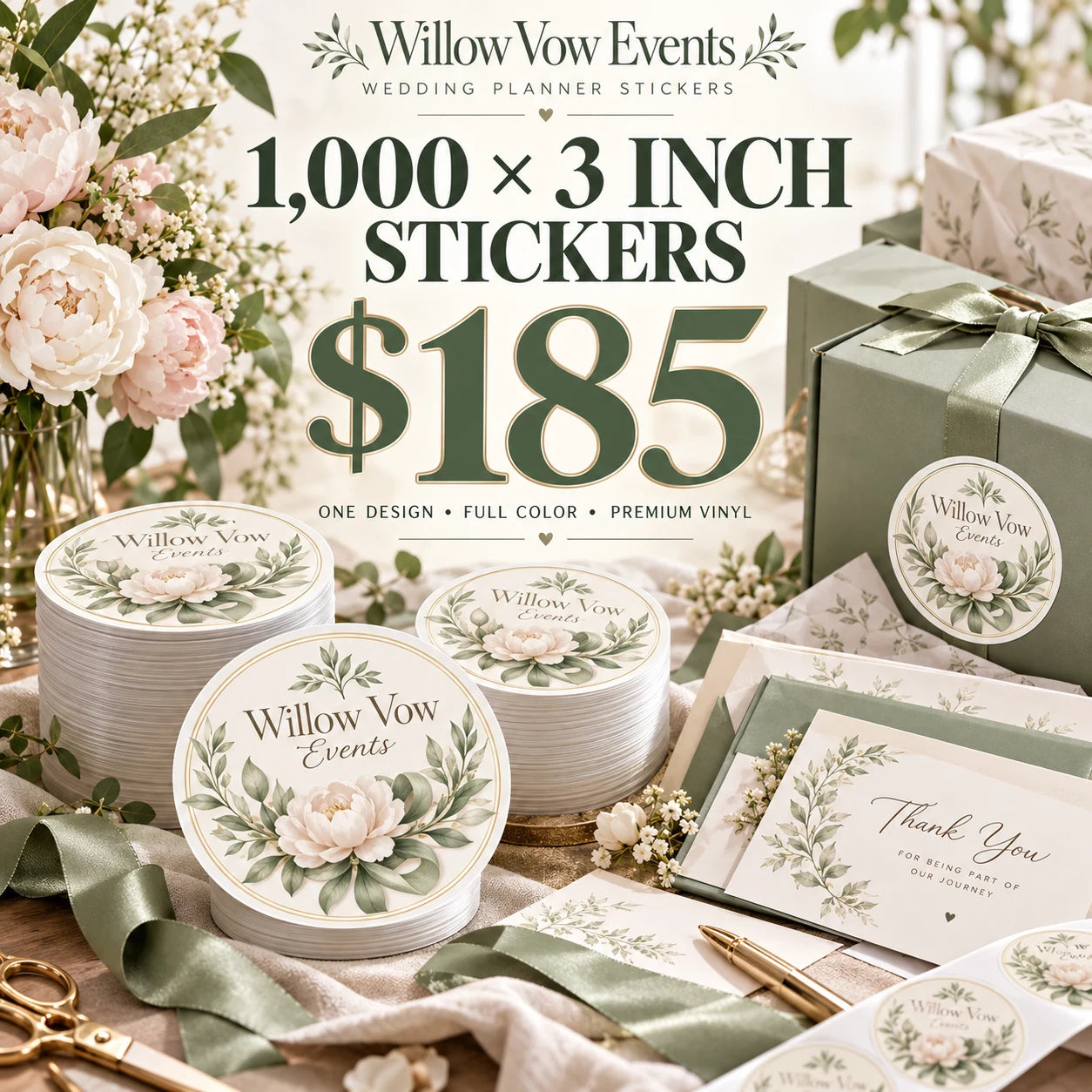 Willow Vow Events fictional example: 1000 custom 3 inch stickers for $185