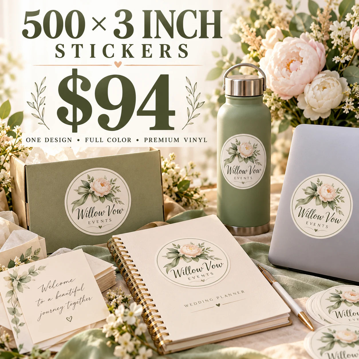Willow Vow Events fictional example: 500 custom 3 inch stickers for $94
