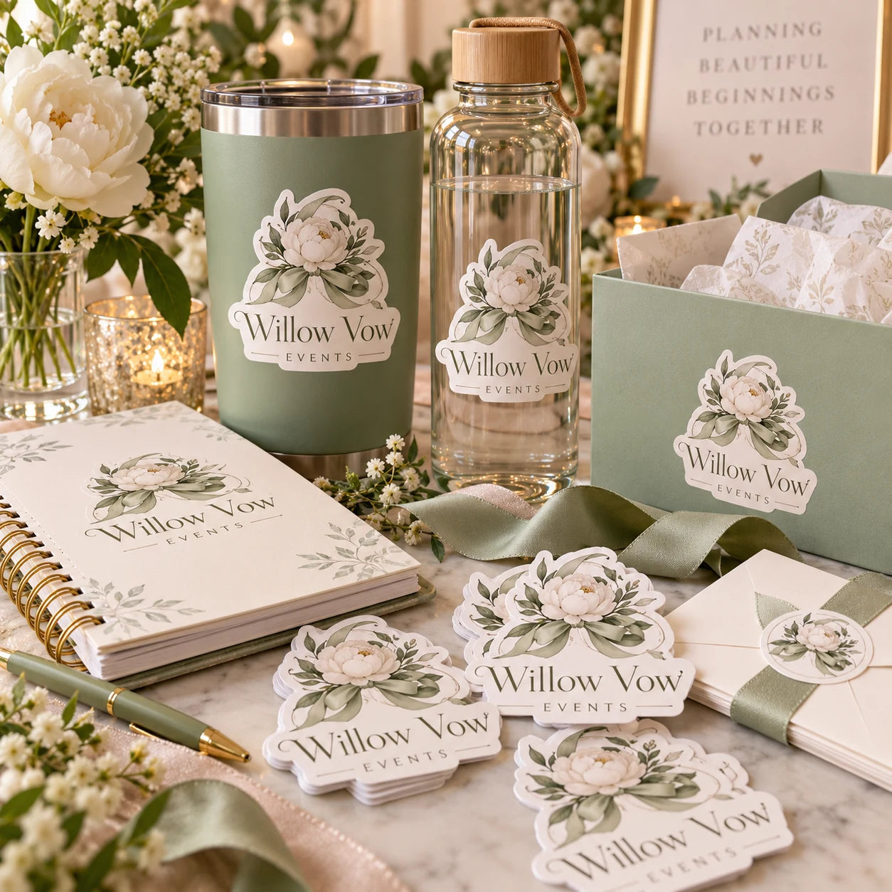 Willow Vow Events fictional example storefront with custom lettering and stickers