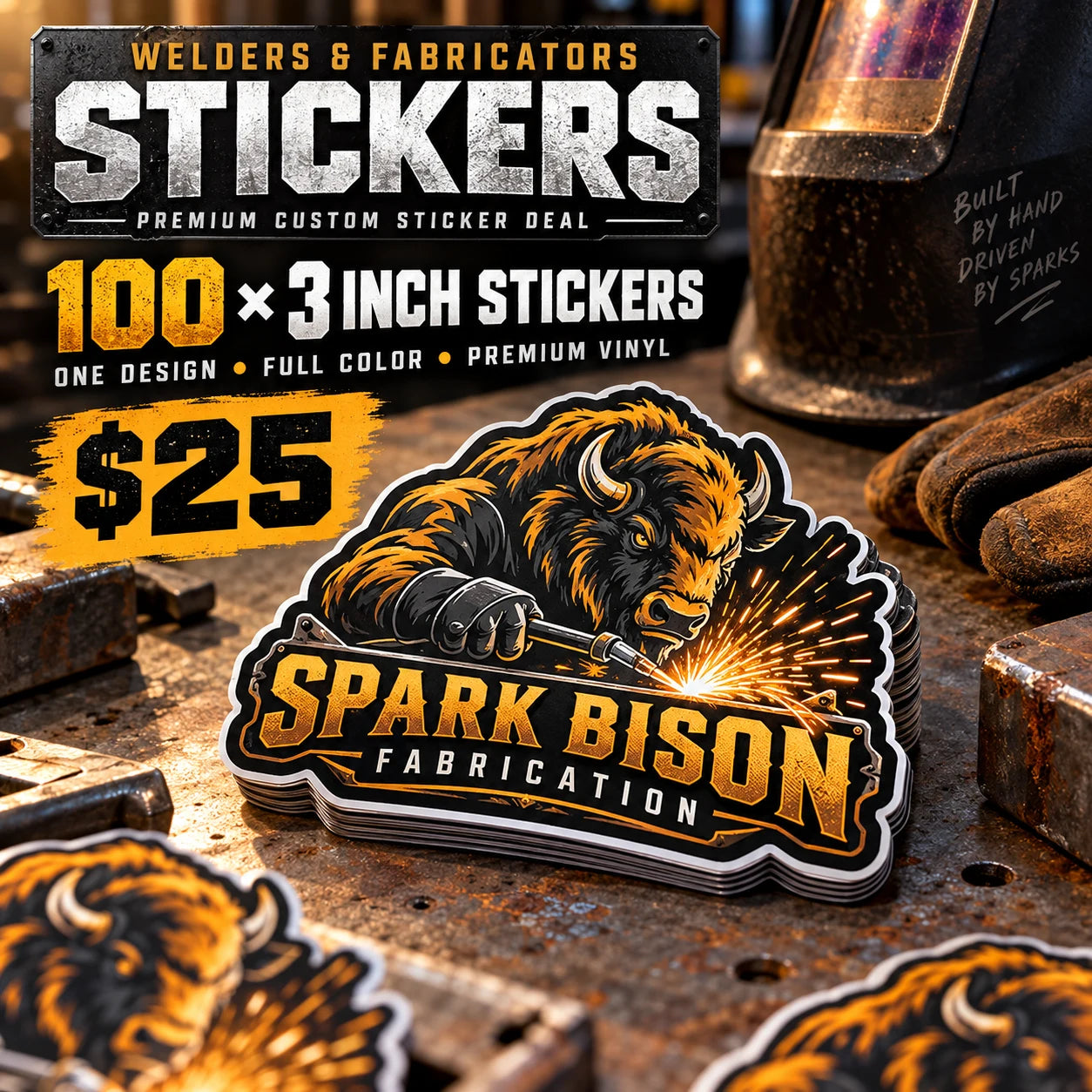 Spark Bison Fabrication fictional example: 100 custom 3 inch stickers for $25