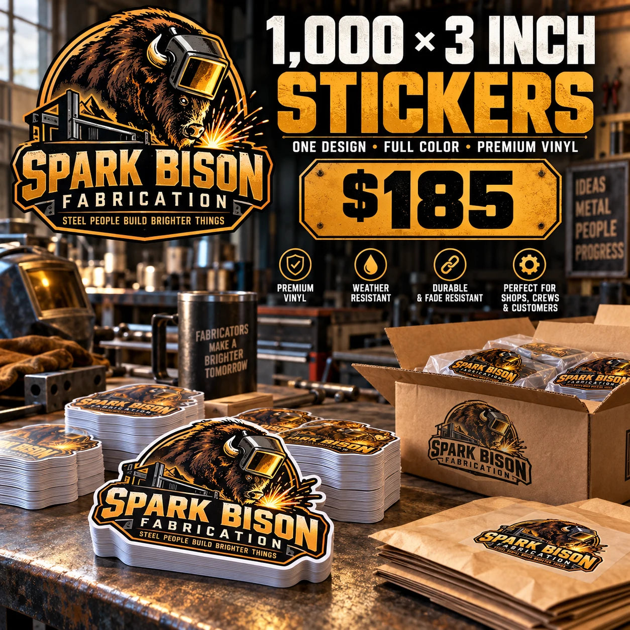 Spark Bison Fabrication fictional example: 1000 custom 3 inch stickers for $185