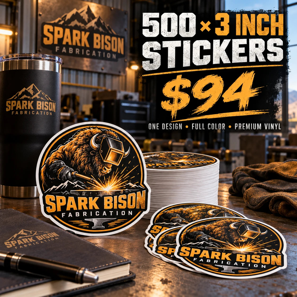 Spark Bison Fabrication fictional example: 500 custom 3 inch stickers for $94