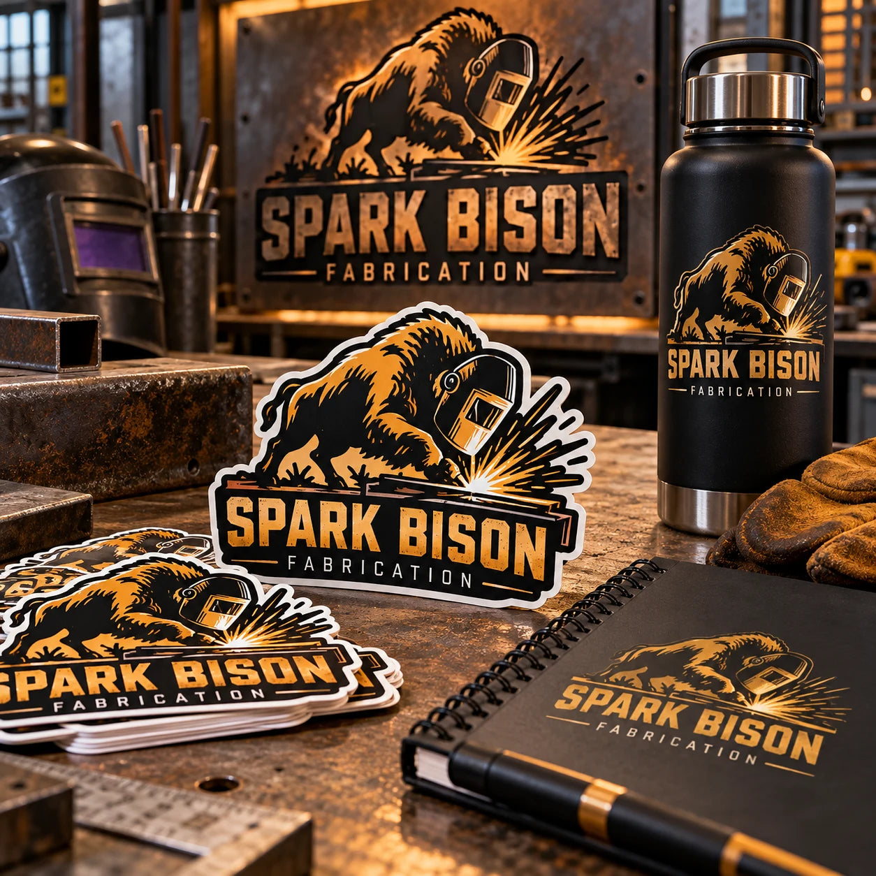Spark Bison Fabrication fictional example storefront with custom lettering and stickers