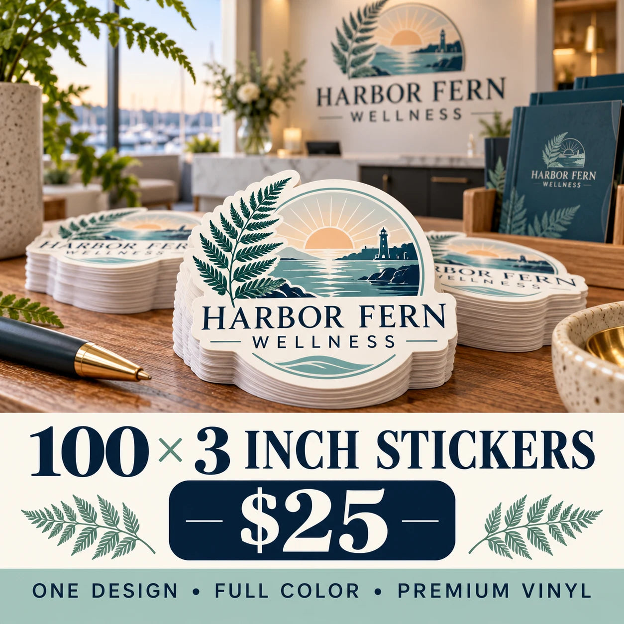 Harbor Fern Wellness fictional example: 100 custom 3 inch stickers for $25