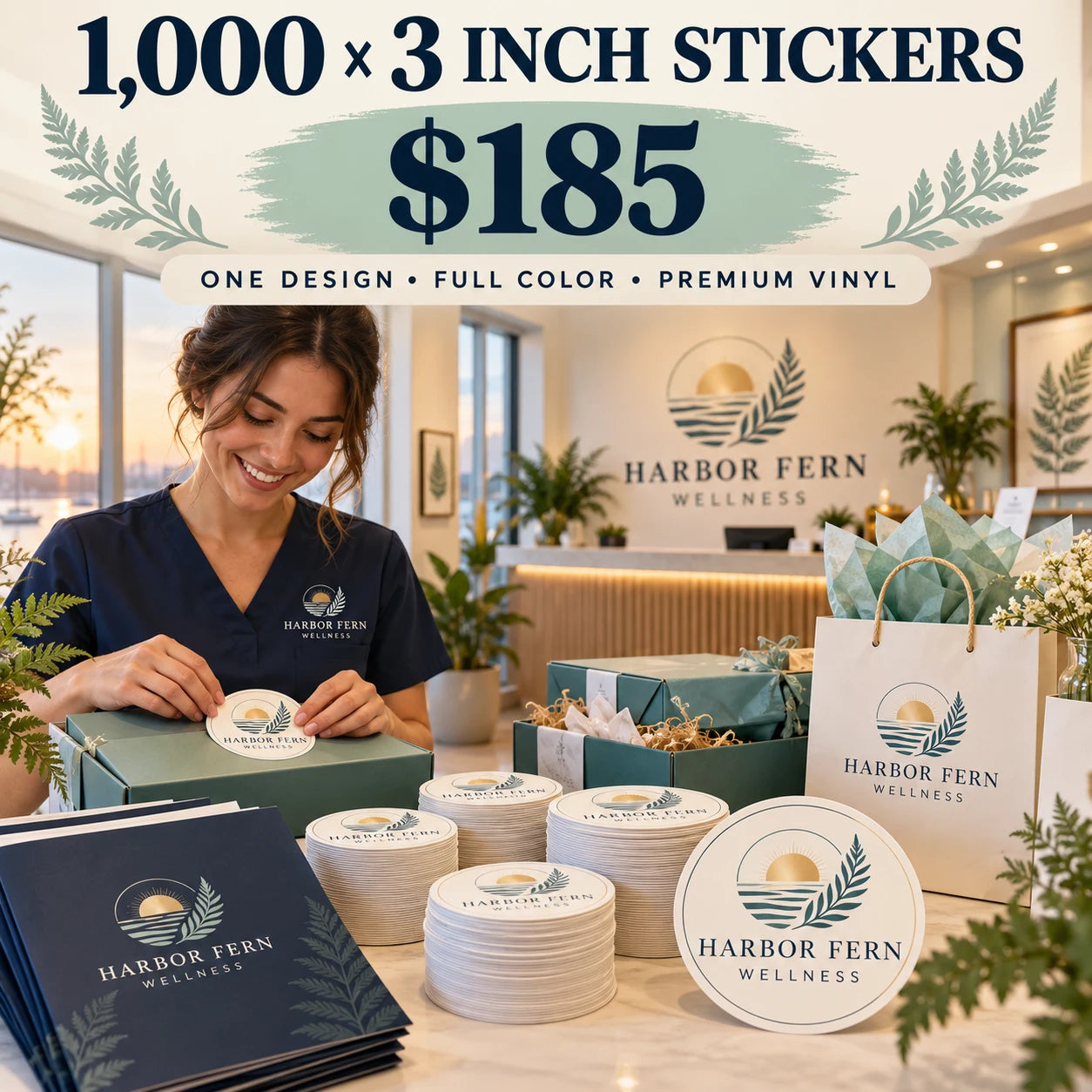 Harbor Fern Wellness fictional packaging and sticker ideas