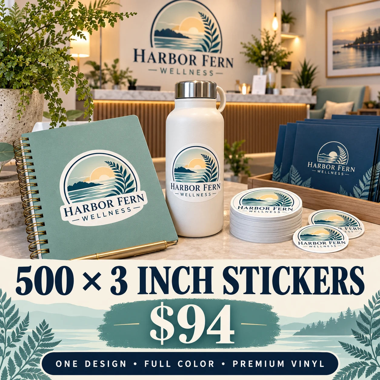 Harbor Fern Wellness fictional example: 500 custom 3 inch stickers for $94