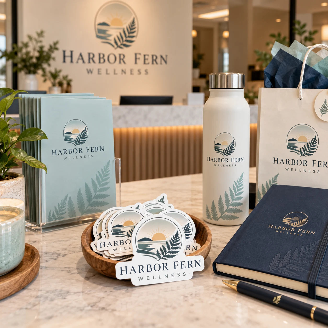 Harbor Fern Wellness fictional example storefront with custom lettering and stickers