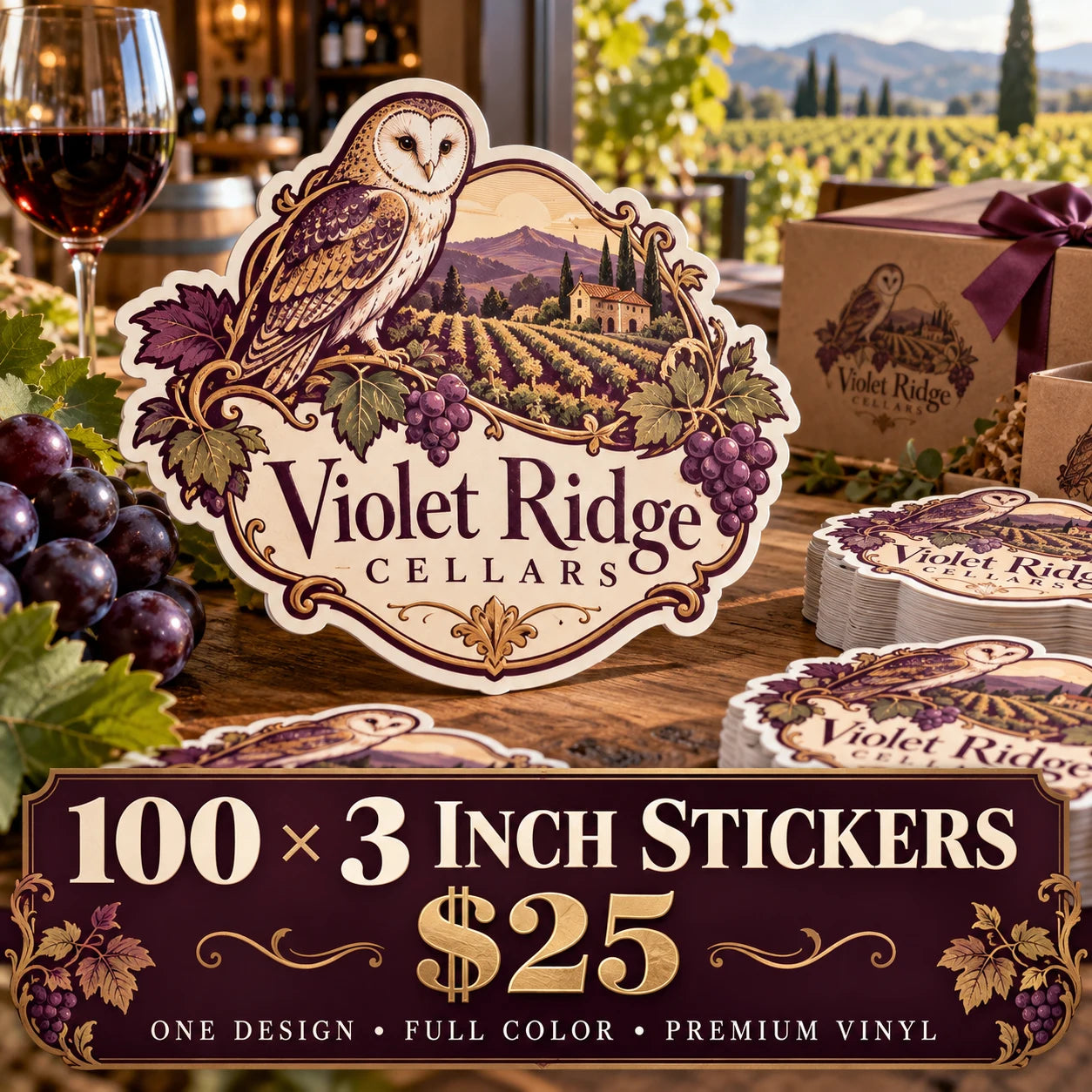 Violet Ridge Cellars fictional example: 100 custom 3 inch stickers for $25