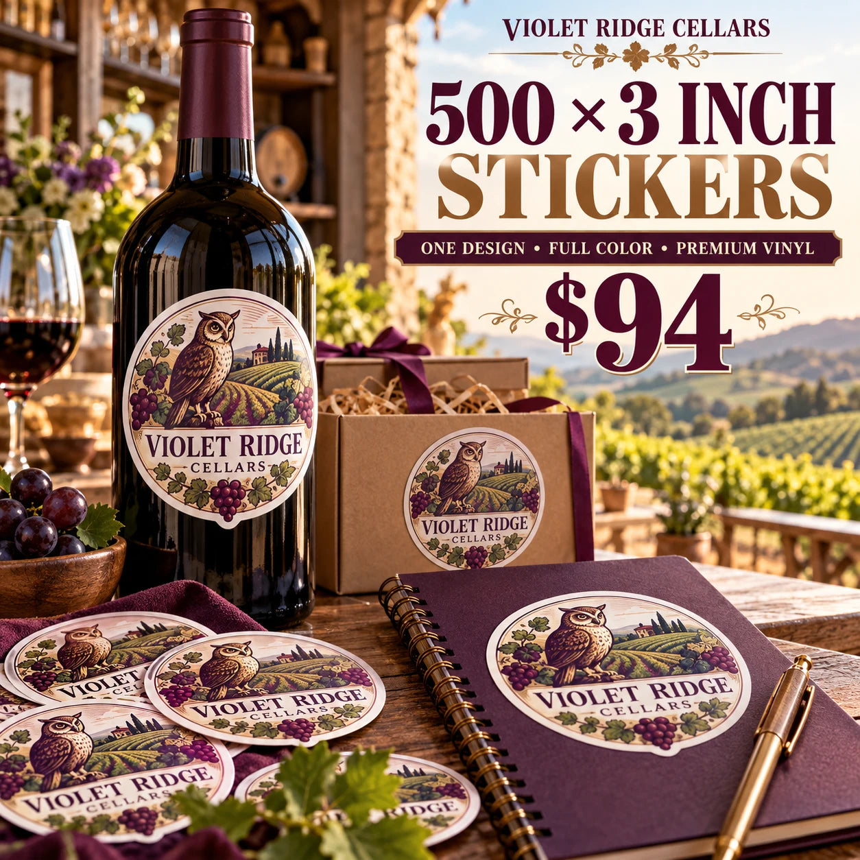 Violet Ridge Cellars fictional example: 500 custom 3 inch stickers for $94