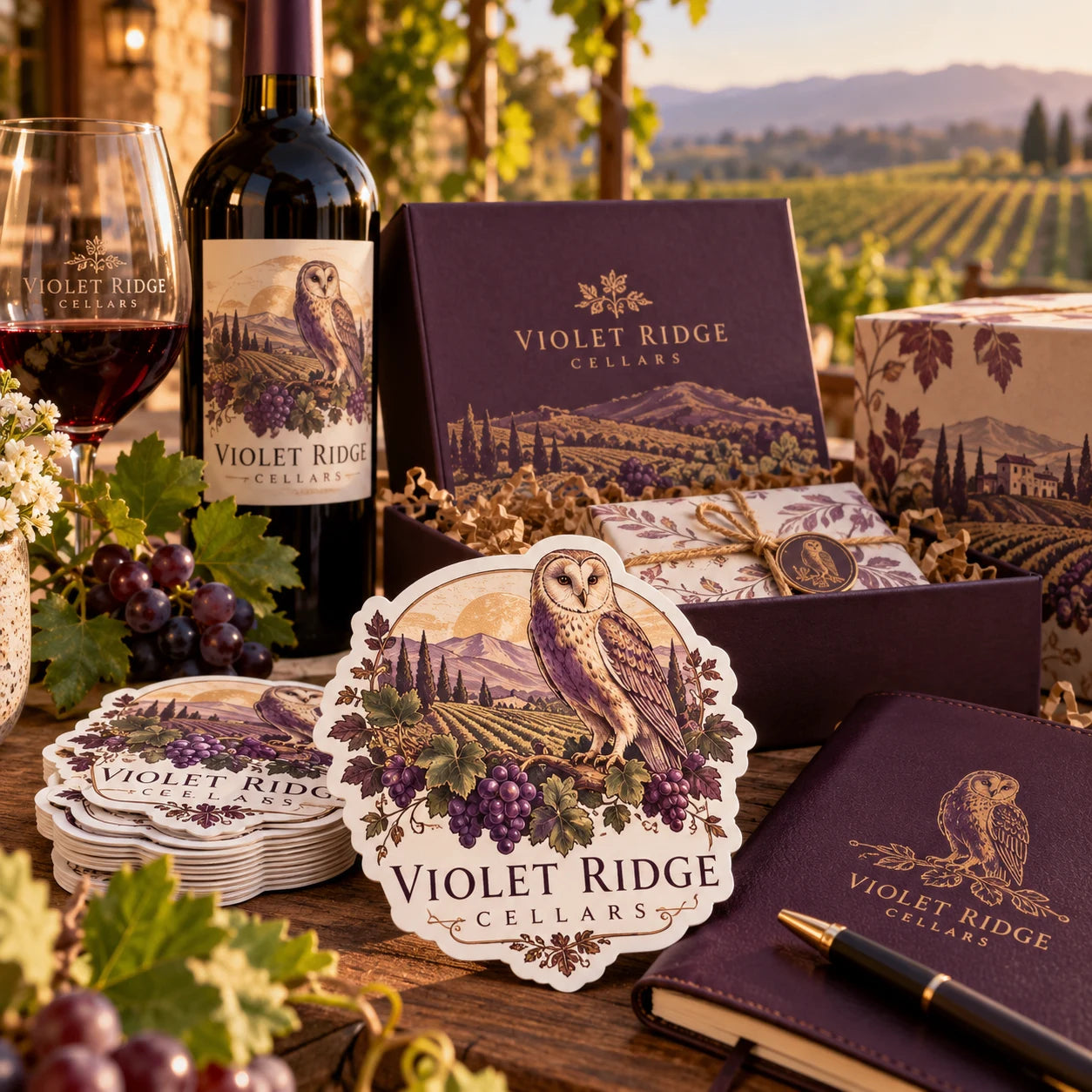 Violet Ridge Cellars fictional example storefront with custom lettering and stickers