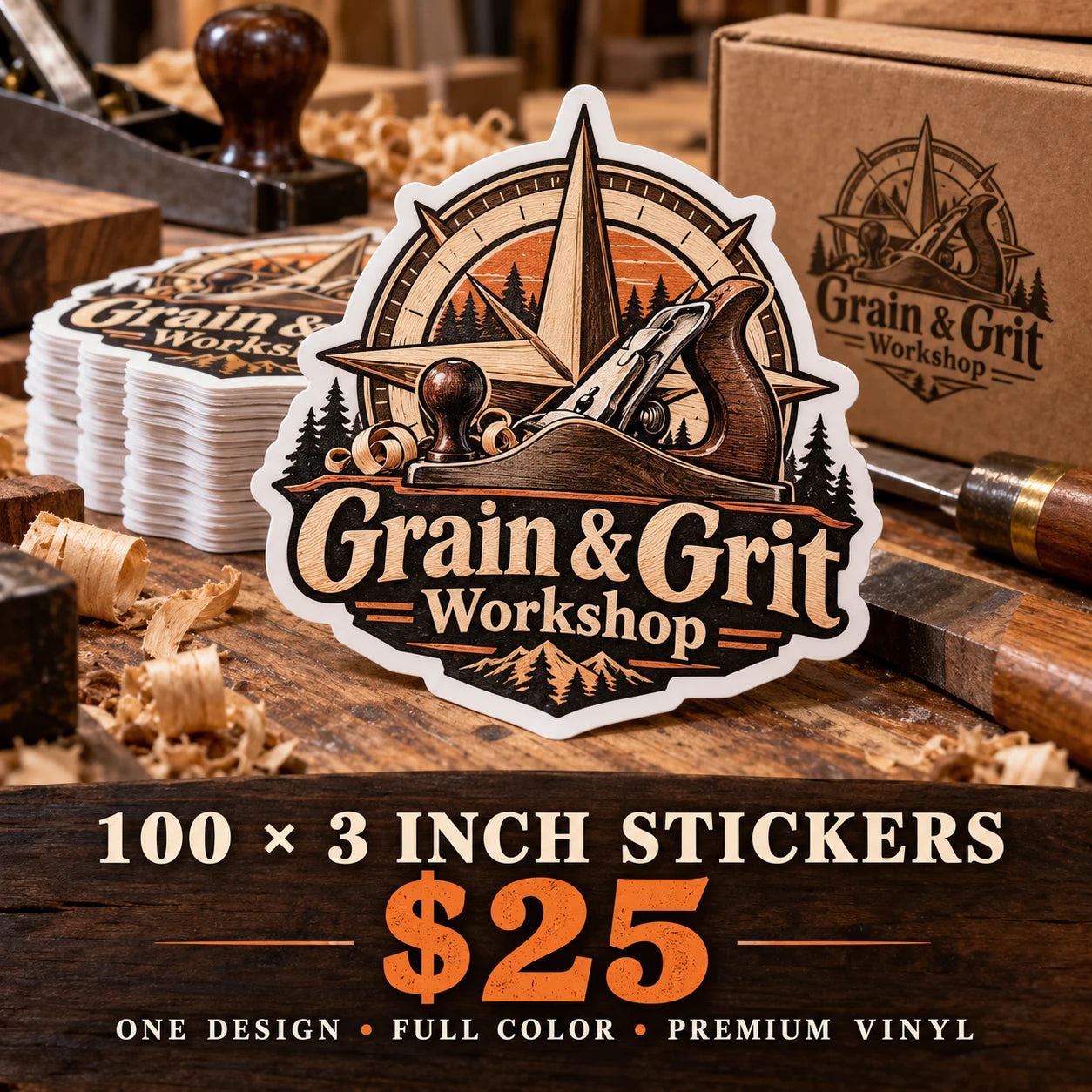 Grain & Grit Workshop fictional example: 100 custom 3 inch stickers for $25