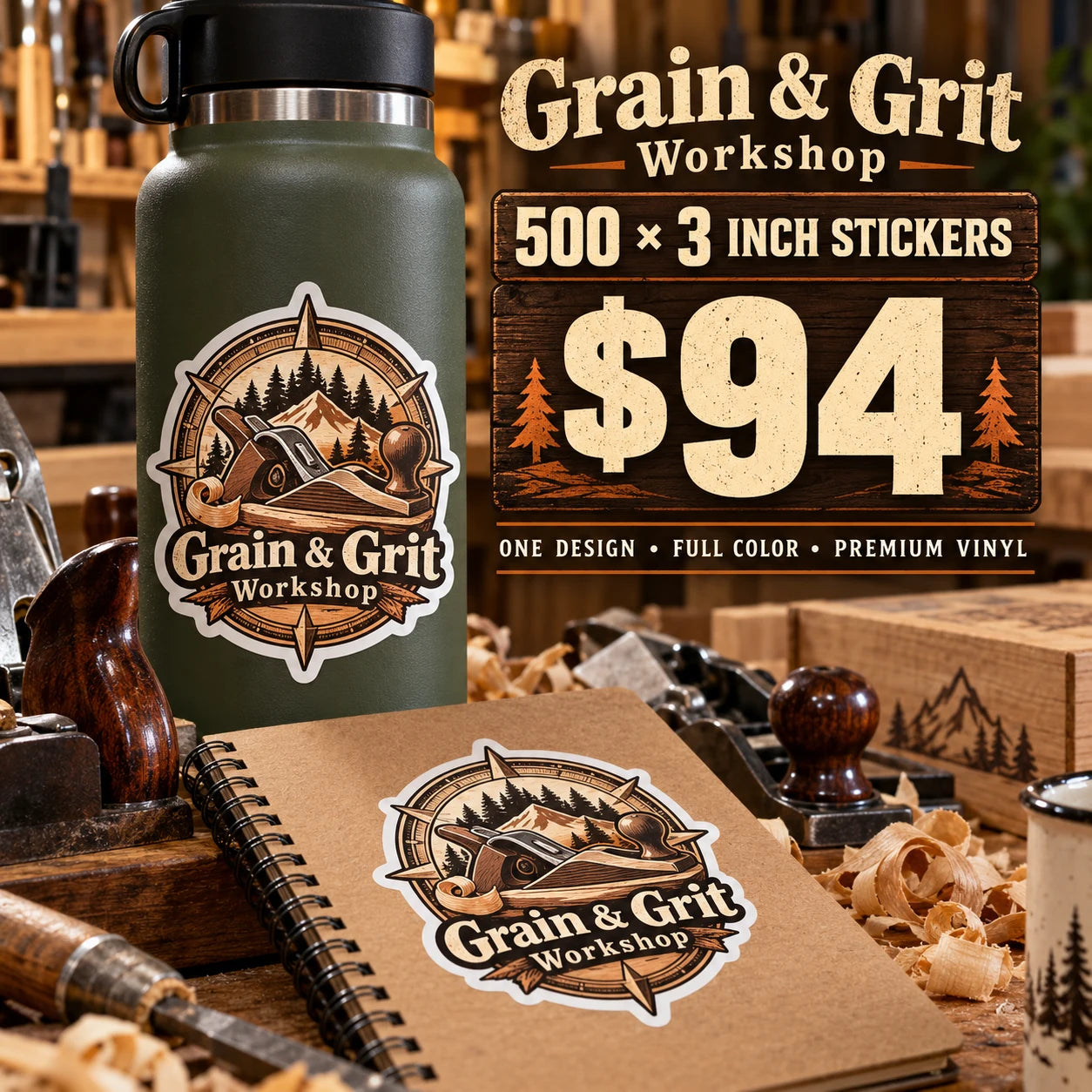 Grain & Grit Workshop fictional example: 500 custom 3 inch stickers for $94
