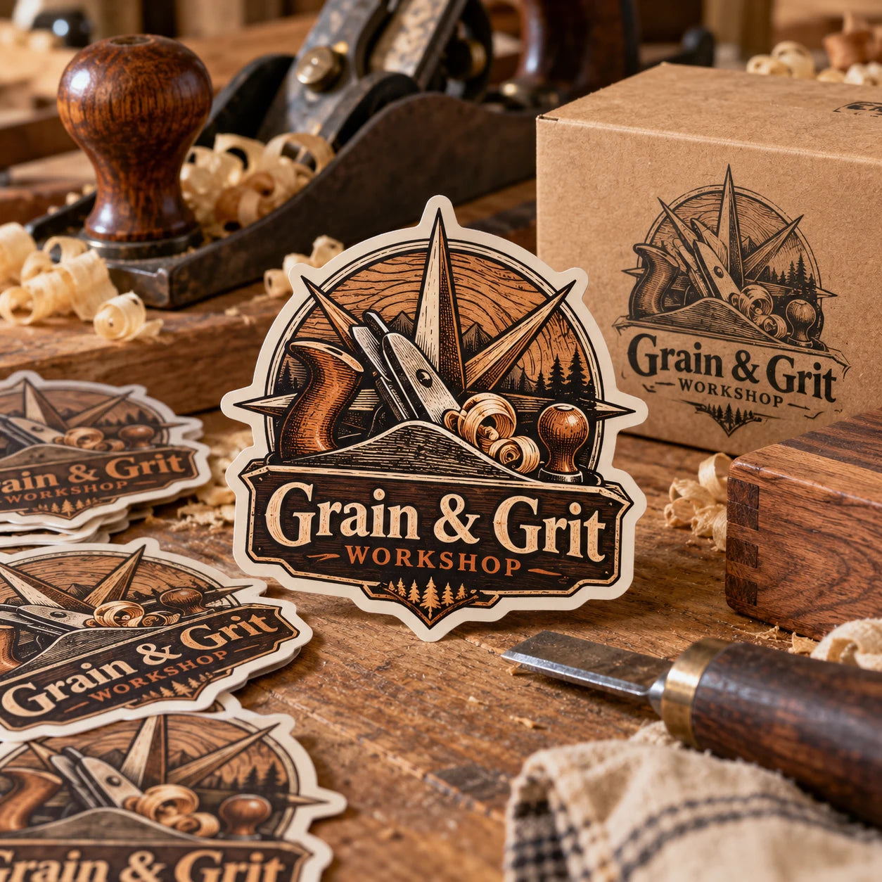 Grain & Grit Workshop fictional example storefront with custom lettering and stickers