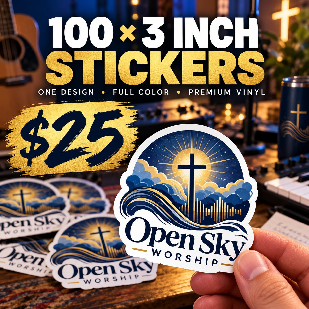 Open Sky Worship fictional example: 100 custom 3 inch stickers for $25
