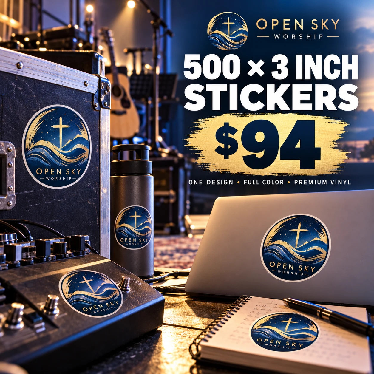 Open Sky Worship fictional example: 500 custom 3 inch stickers for $94
