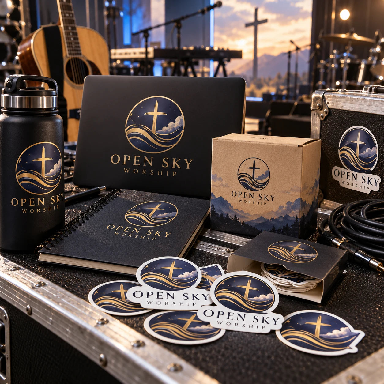 Open Sky Worship fictional example storefront with custom lettering and stickers