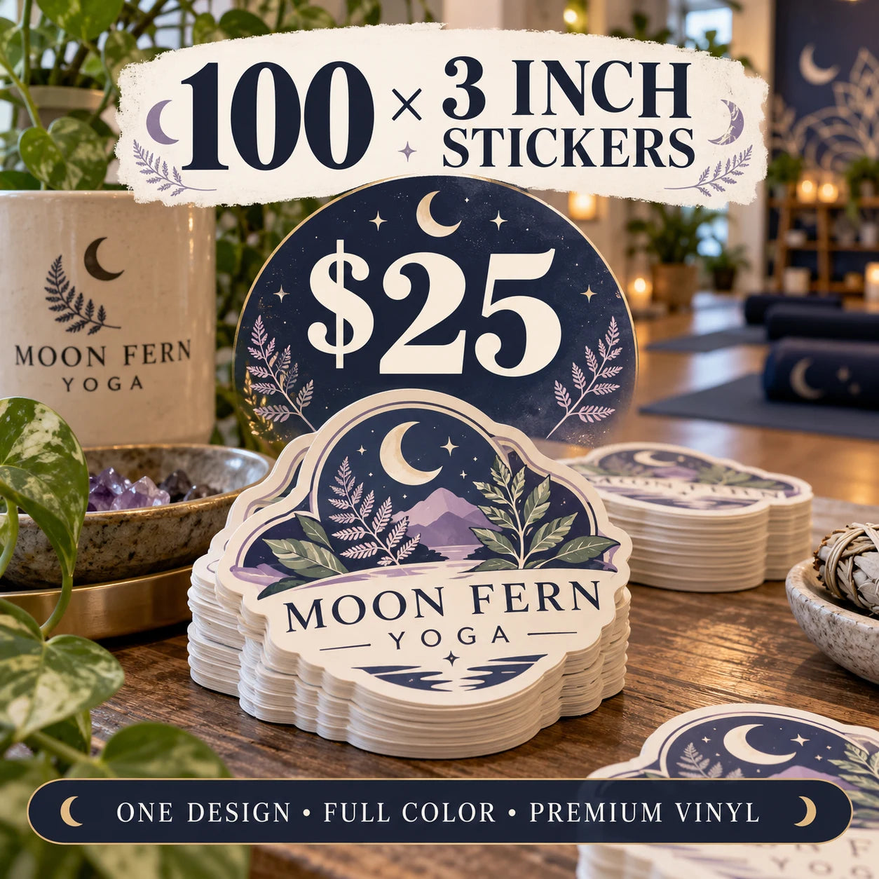 Moon Fern Yoga fictional example: 100 custom 3 inch stickers for $25