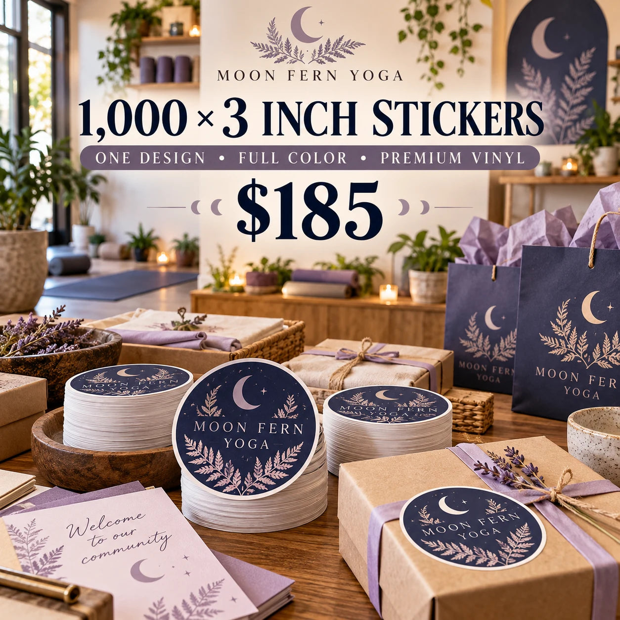 Moon Fern Yoga fictional packaging and sticker ideas