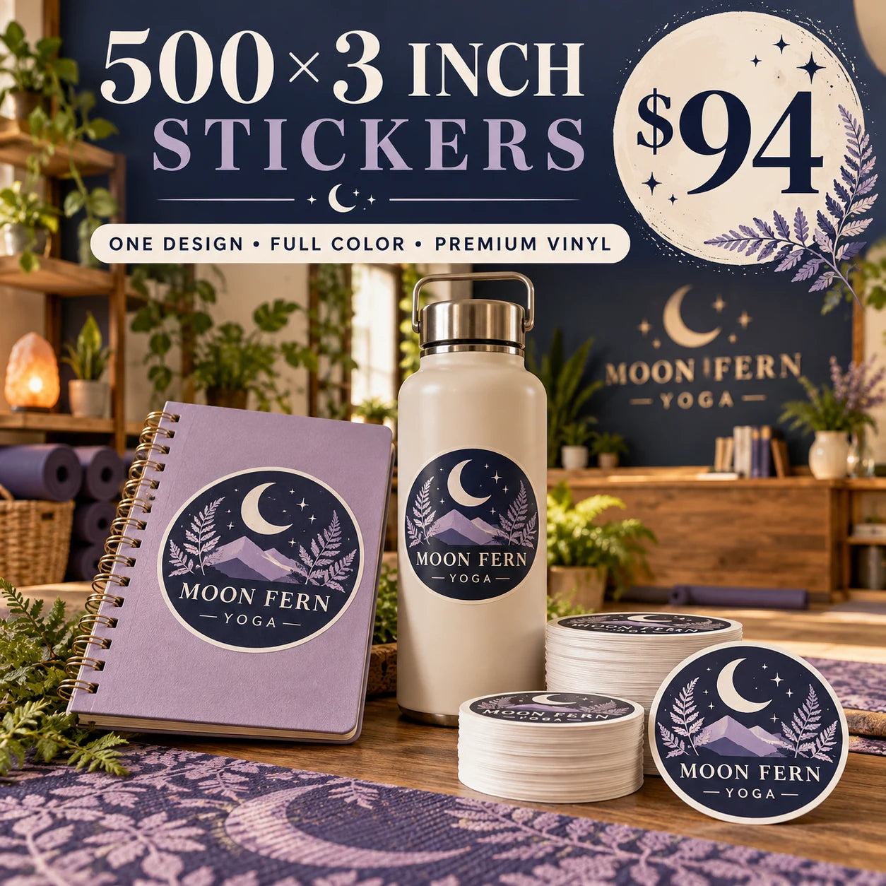 Moon Fern Yoga fictional example: 500 custom 3 inch stickers for $94