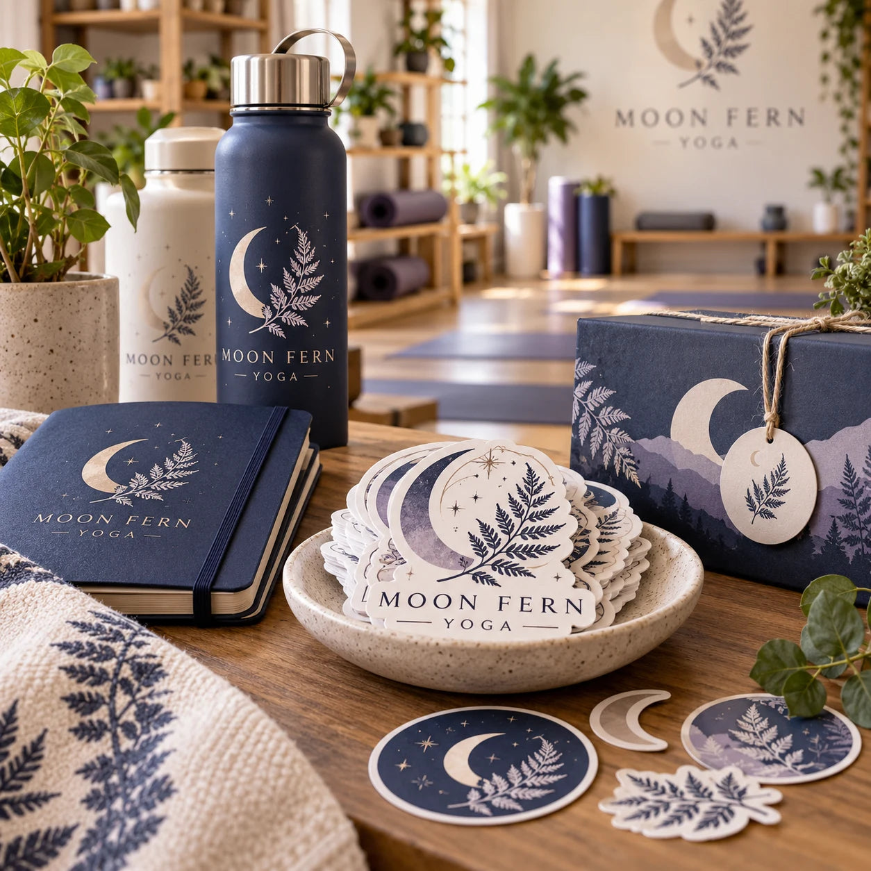 Moon Fern Yoga fictional example storefront with custom lettering and stickers