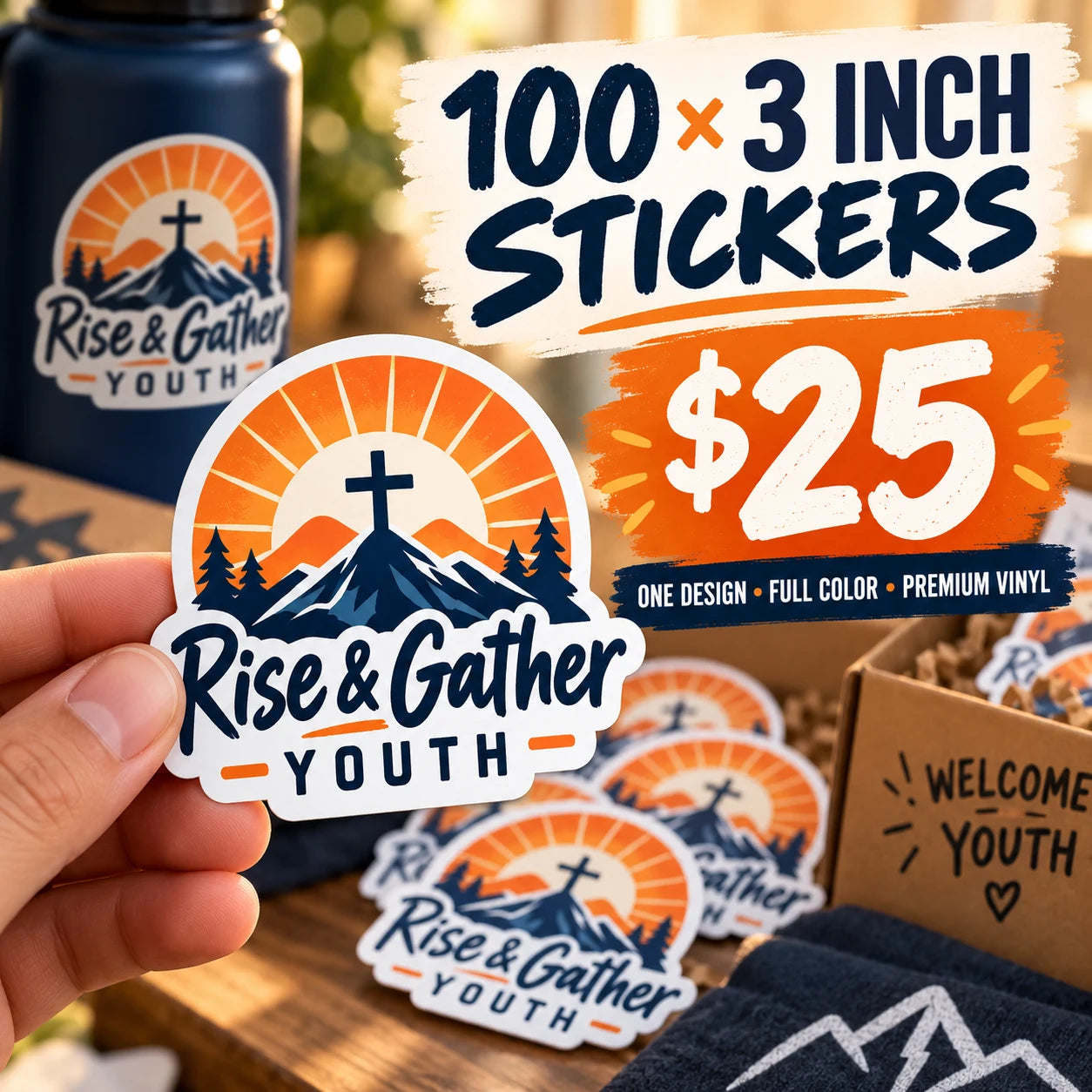 Rise & Gather Youth fictional example: 100 custom 3 inch stickers for $25