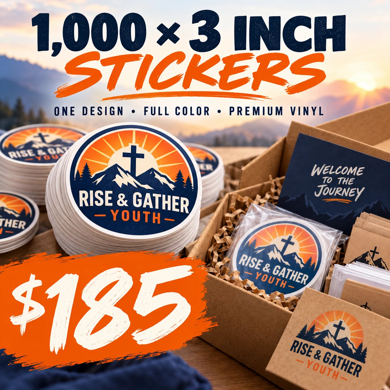 Rise & Gather Youth fictional example: 1000 custom 3 inch stickers for $185