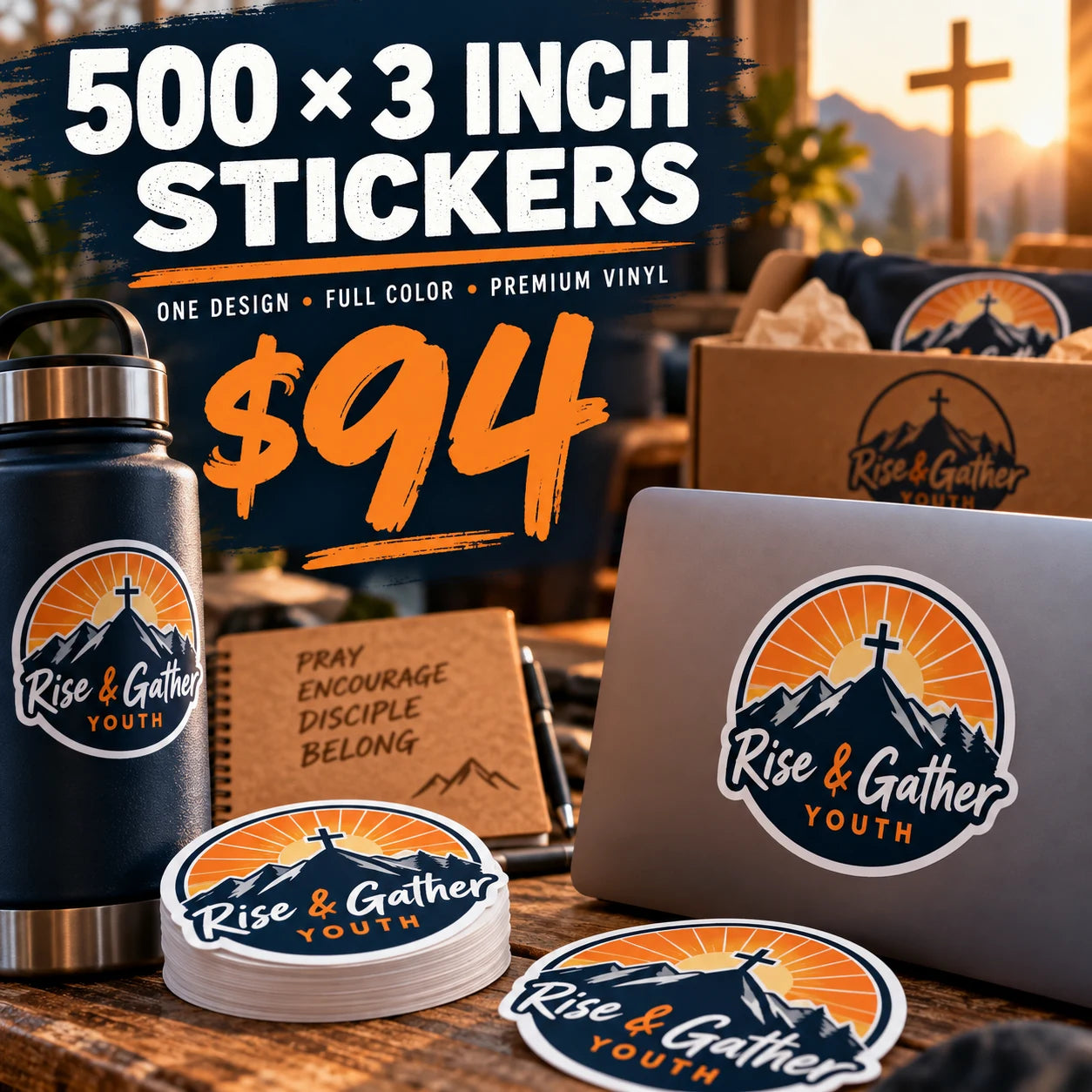 Rise & Gather Youth fictional example: 500 custom 3 inch stickers for $94