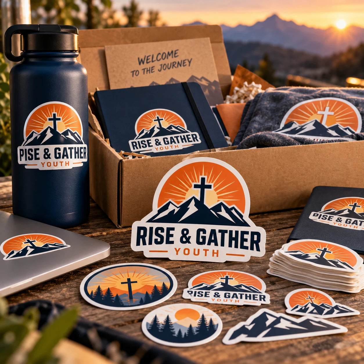 Rise & Gather Youth fictional example storefront with custom lettering and stickers