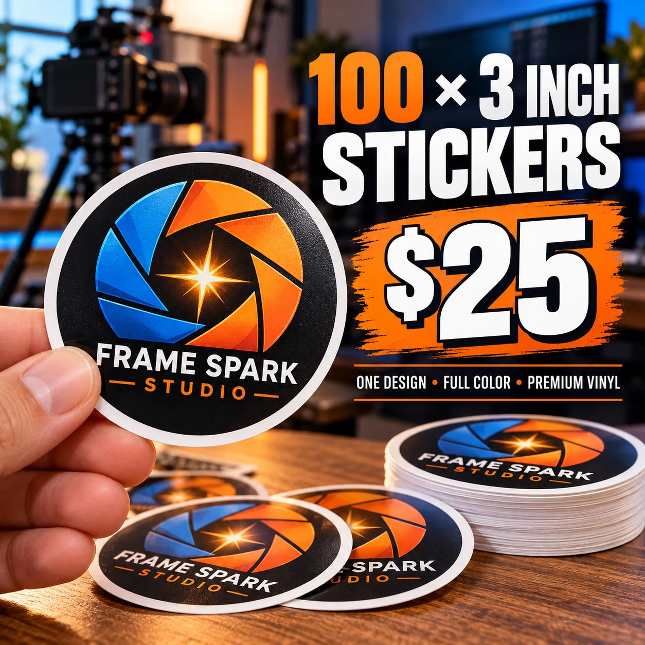Frame Spark Studio fictional example: 100 custom 3 inch stickers for $25