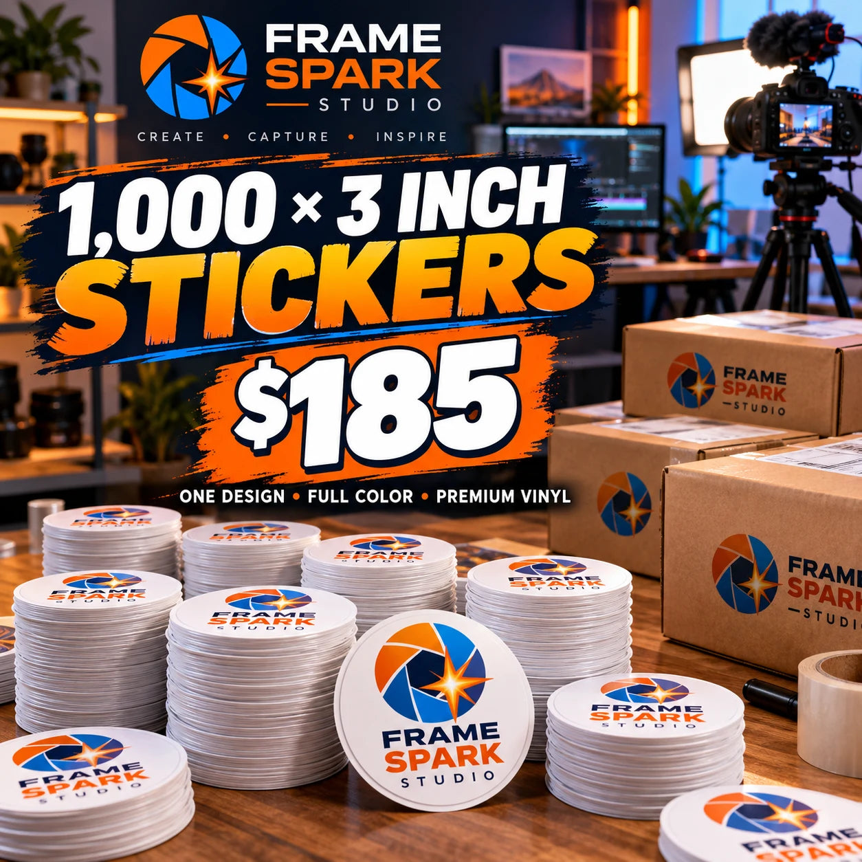 Frame Spark Studio fictional example: 1000 custom 3 inch stickers for $185