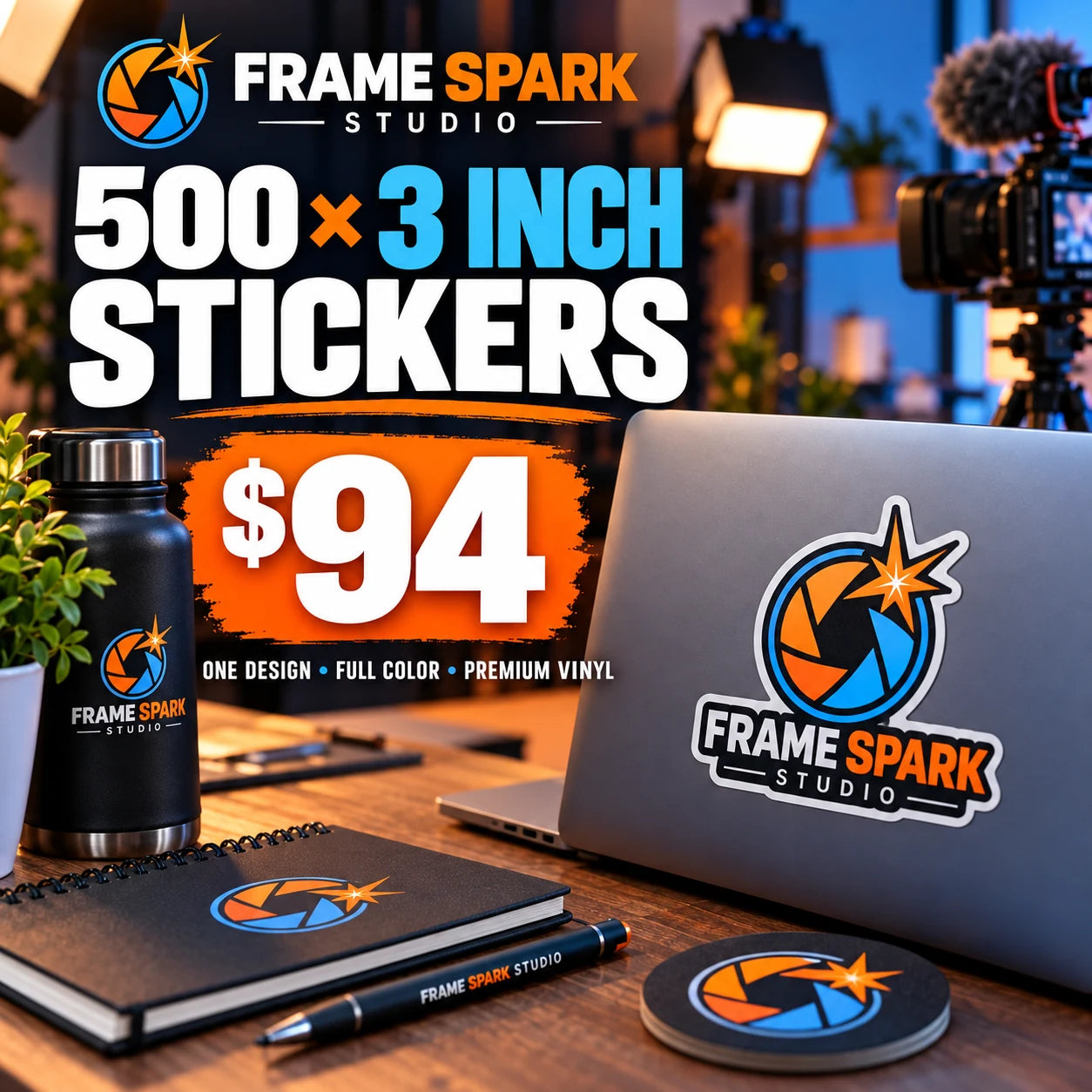 Frame Spark Studio fictional example: 500 custom 3 inch stickers for $94